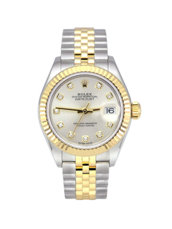 Lady-Datejust 28 Two Tone Yellow Gold on Jubilee with Diamond Silver Dial and Fluted Bezel